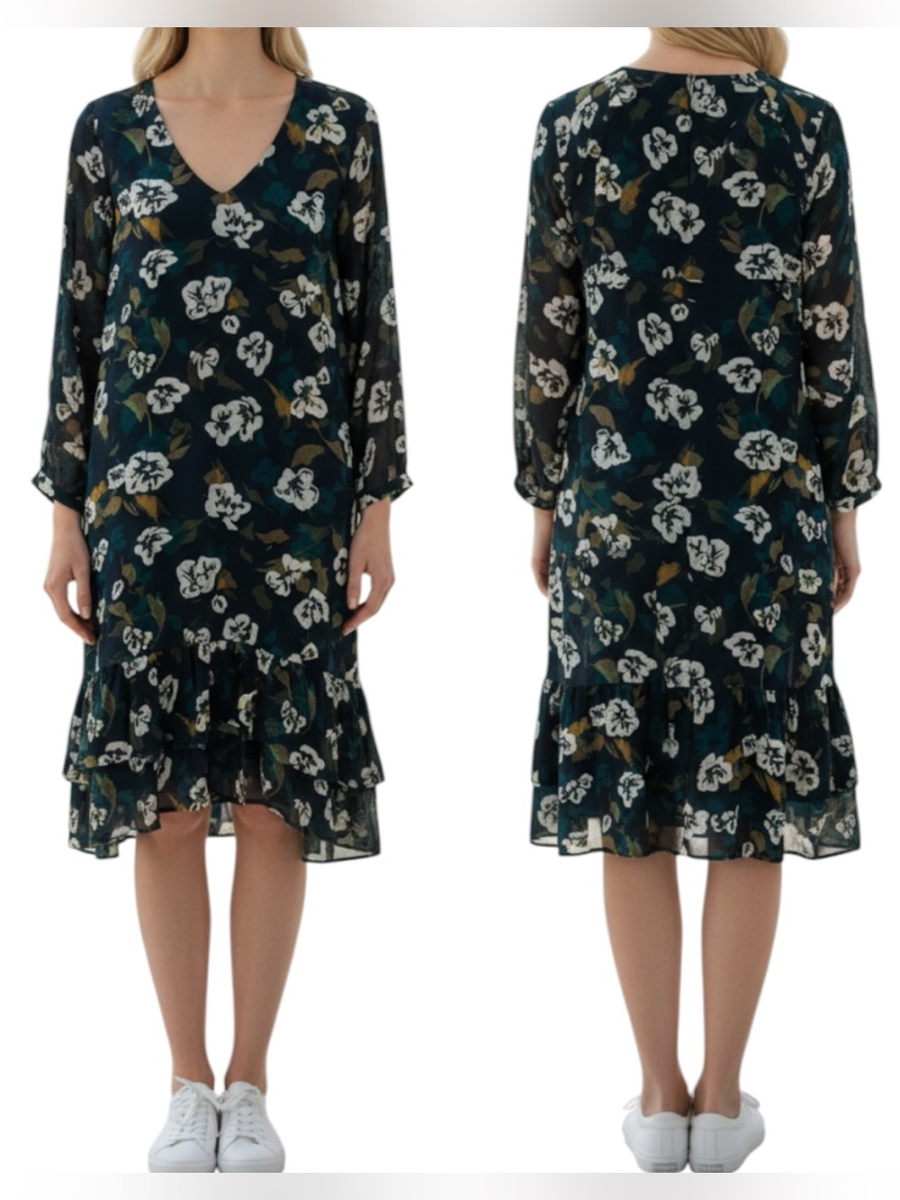 CAbi Piroutte Teal Floral V-Neck Ruffle Hem Midi Dress